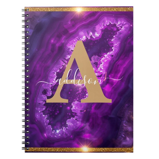 Cuaderno Elegante Monograma moderno Purpurina de oro morado (Frente)