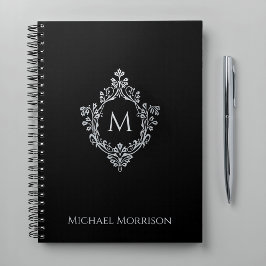Cuaderno Elegante Monograma Negro Faux Silver Escudo de cos