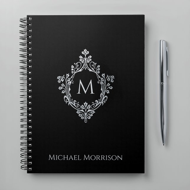 Cuaderno Elegante Monograma Negro Faux Silver Escudo de cos (Subido por el creador)