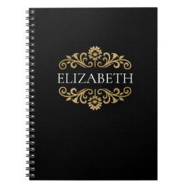 Cuaderno Elegante Monograma Negro Oro Espiral Portátil de f