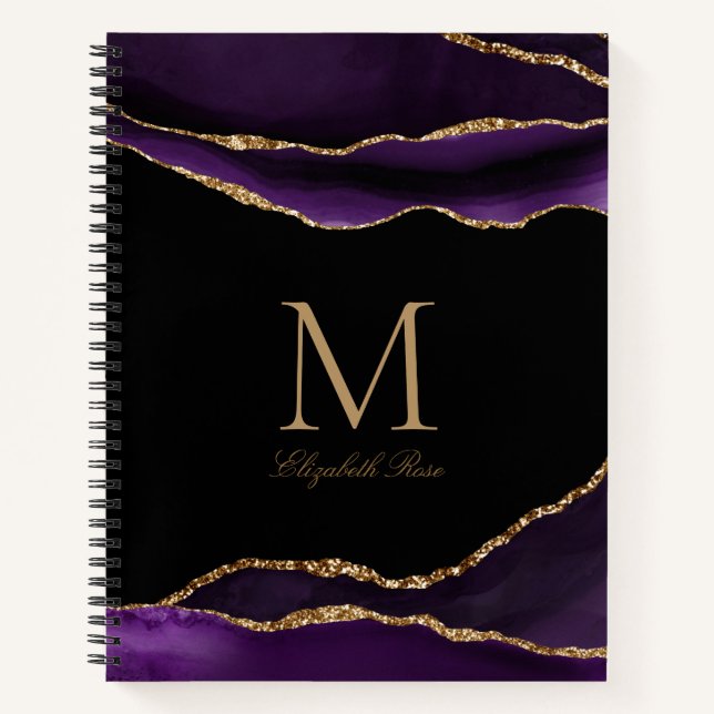 Cuaderno Elegante Monograma Nombre Agate púrpura Oro Negro (Anverso)