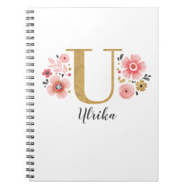 Cuaderno Elegante Monograma Nombre Floral Blanco Guión rosa