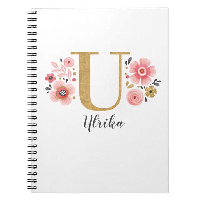 Cuaderno Elegante Monograma Nombre Floral Blanco Guión rosa (Frente)