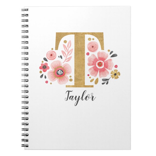 Cuaderno Elegante Monograma Nombre Guión Floral Blanco Rosa (Frente)