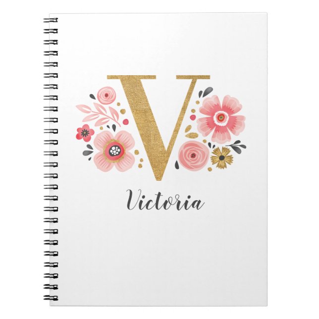Cuaderno Elegante Monograma Nombre Guión Floral Blanco Rosa (Frente)