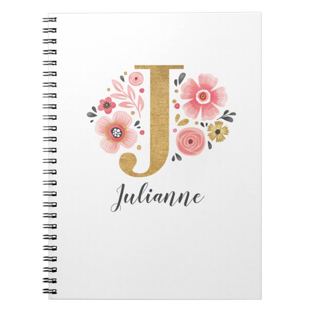 Cuaderno Elegante Monograma Nombre Guión Floral Oro Rosa (Frente)
