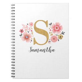 Cuaderno Elegante Monograma Oficina Floral Blanca Rosa