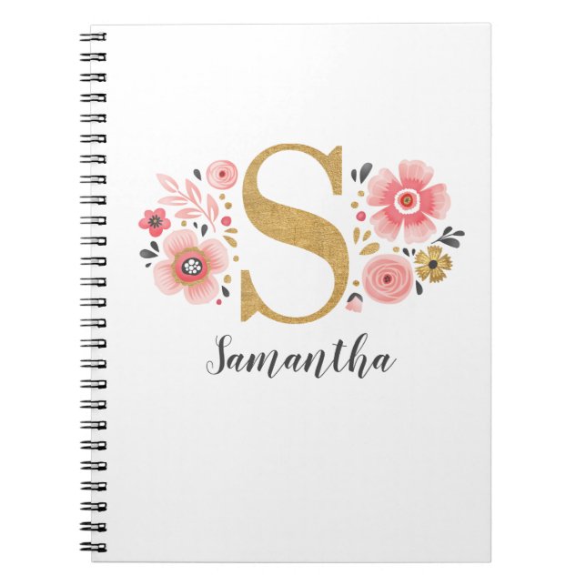 Cuaderno Elegante Monograma Oficina Floral Blanca Rosa (Frente)