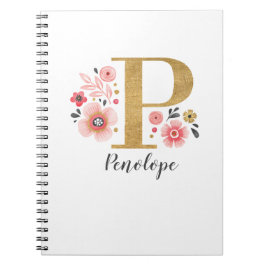 Cuaderno Elegante Monograma Oficina Floral Blanca Rosa