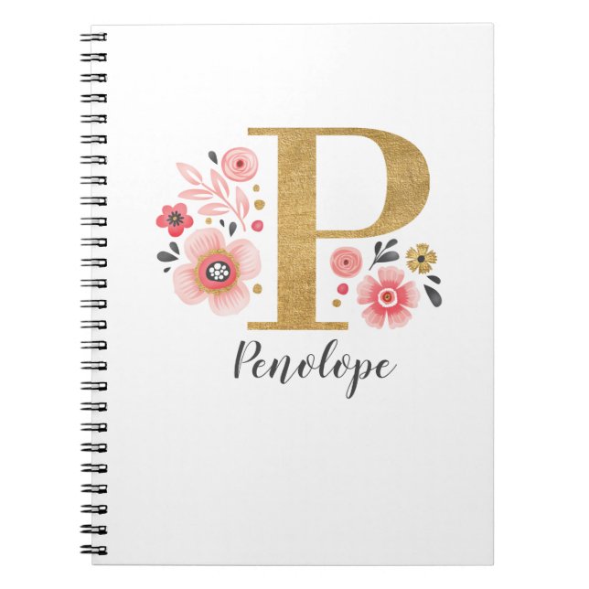 Cuaderno Elegante Monograma Oficina Floral Blanca Rosa (Frente)