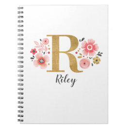 Cuaderno Elegante Monograma Oficina Floral Blanca Rosa