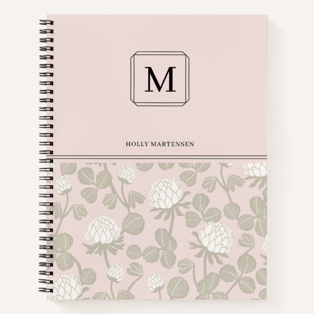 Cuaderno Elegante Monograma Patrón de Flor de Taupe Blanco  (Anverso)