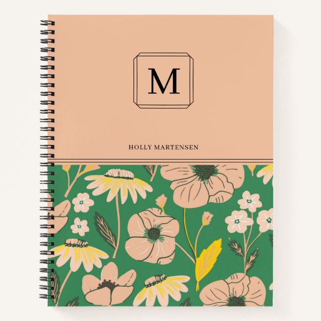Cuaderno Elegante Monograma Patrón floral Nombre personaliz (Anverso)