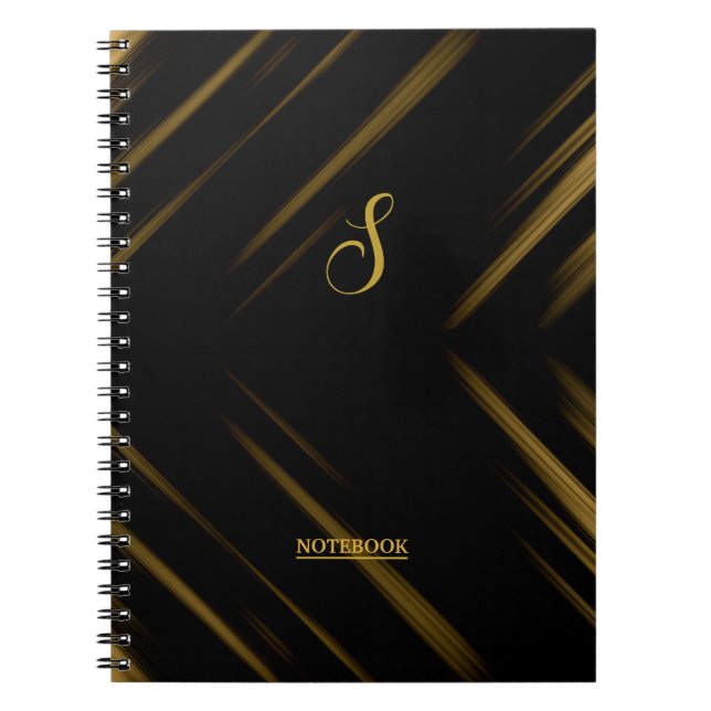 Cuaderno Elegante Monograma Patrón negro y dorado (Frente)