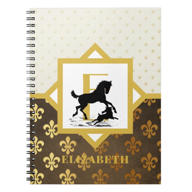 Cuaderno Elegante Monograma Perro de Caballo Dorado Flores  (Frente)