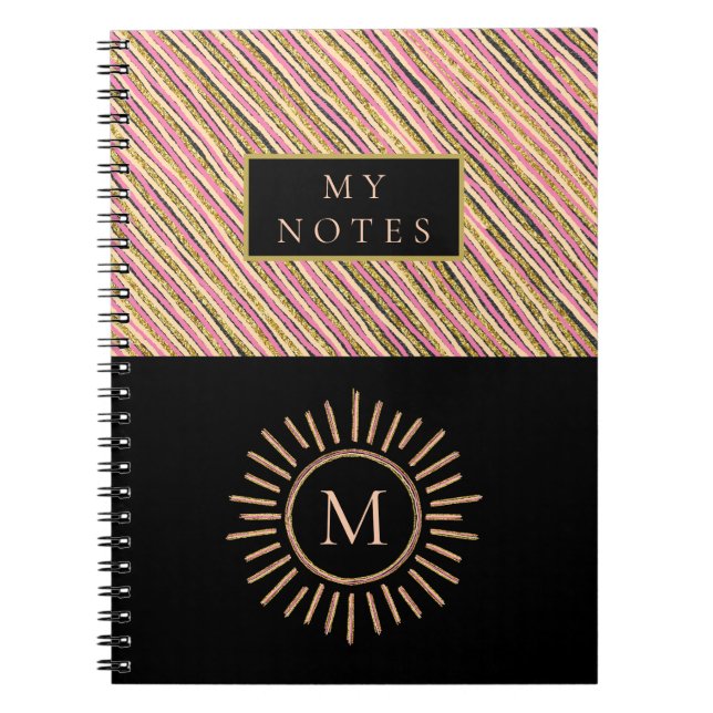 Cuaderno Elegante Monograma Personalizado Bandas Amarillo O (Frente)