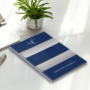 Cuaderno Elegante Monograma Personalizado de Plata Azul Mar