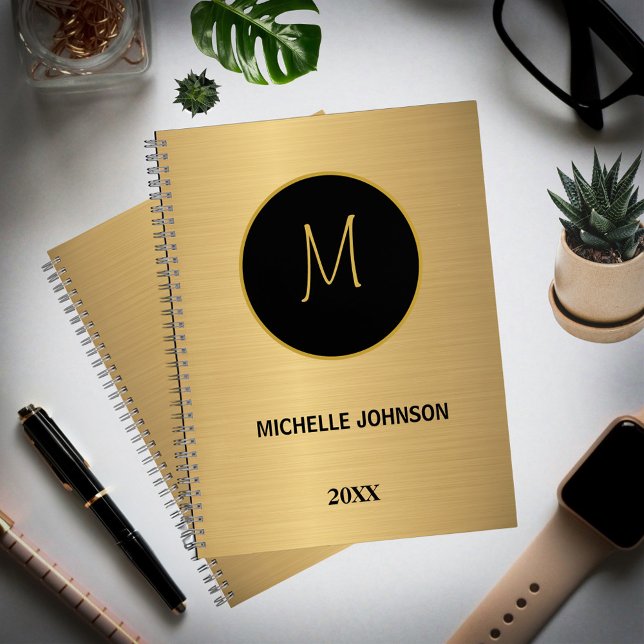 Cuaderno Elegante Monograma profesional moderno de oro negr (Elegant Modern Gold Black Professional Monogram Notebook is great to write your notesk every day. )