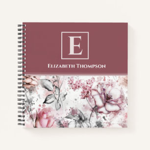 Cuaderno Elegante Monograma Rosa y Morado Floral Botánico