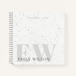 Cuaderno Elegante Monograma Rústico Terrazzo Gris Nombre