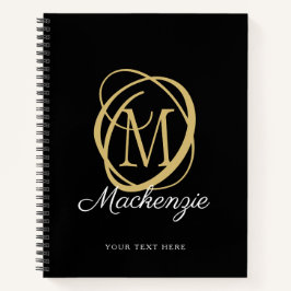 Cuaderno Elegante Monograma Script Nombre Oro Negro