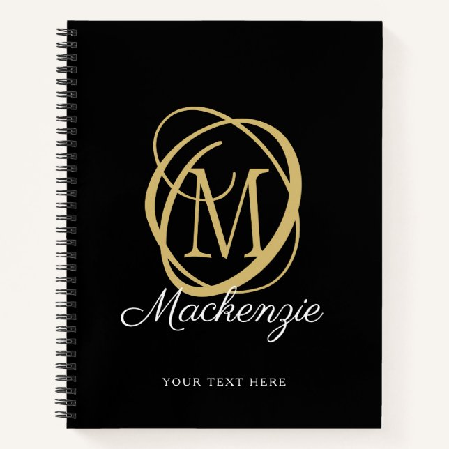 Cuaderno Elegante Monograma Script Nombre Oro Negro (Anverso)