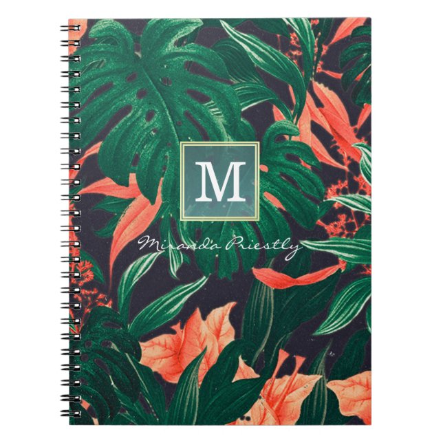 Cuaderno Elegante Monograma Tropical Floral Moderno Gold Fr (Frente)