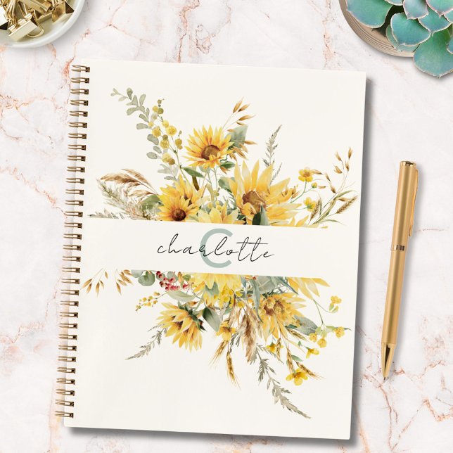 Cuaderno Elegante Monograma Watercolor Sunflower Bouquet (In situ)