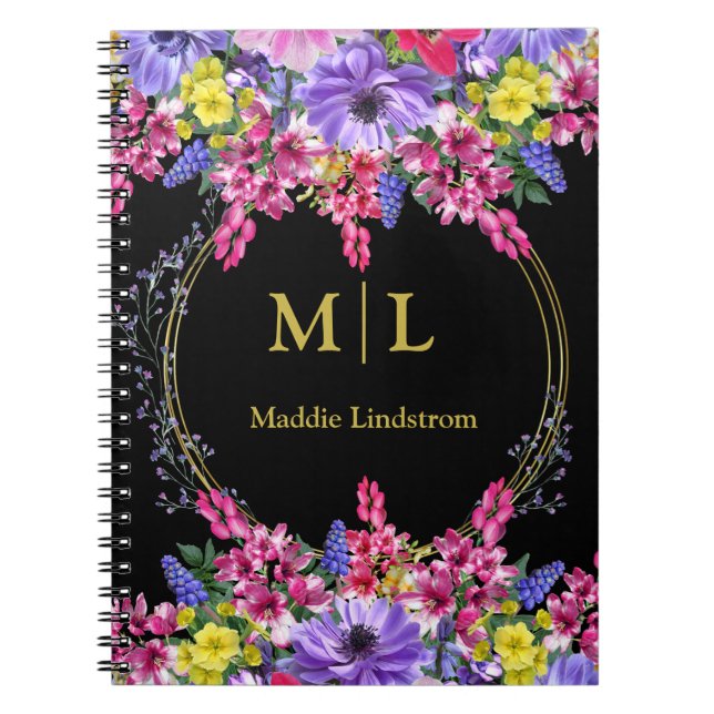 Cuaderno Elegante Monogramado Negro Multicolor Personalizad (Frente)