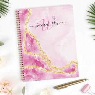 Cuaderno Elegante Monogramado Oro Glittered Waves Glam Pink