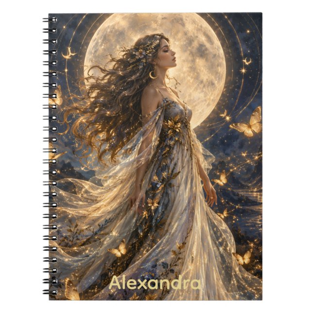 Cuaderno Elegante Mujer Celestial Mística Mariposas Doradas (Frente)