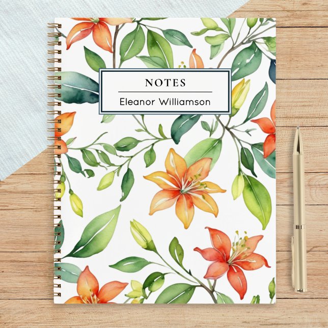 Cuaderno Elegante Naranja Flores Jardín Lover Personalizado (A pretty, personalized notebook, with floral honeysuckle design in a watercolor style)