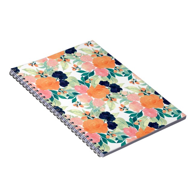 Cuaderno Elegante Naranja rosa azul Flores acuarela Floral (Lado Derecho)