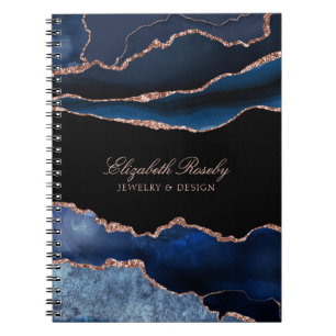 Cuaderno Elegante Navy Blue Rosa Gold Agate Geode Business