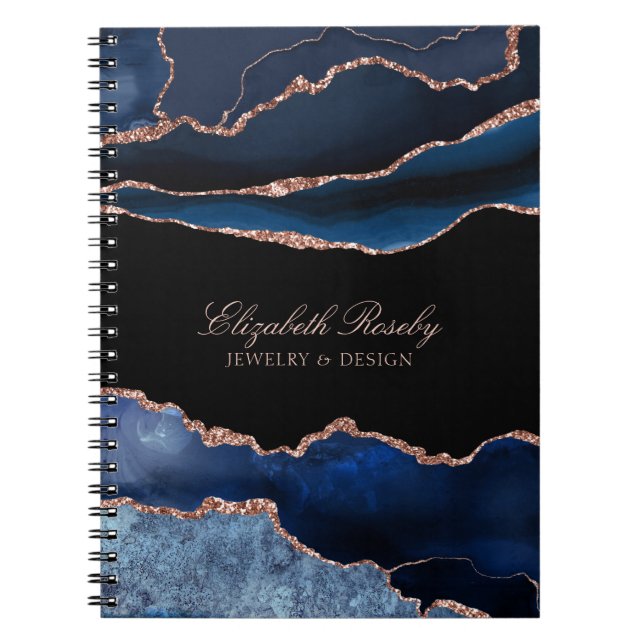 Cuaderno Elegante Navy Blue Rosa Gold Agate Geode Business (Frente)