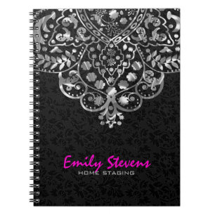 Cuaderno Elegante negro Damask Silver Metallage Lace