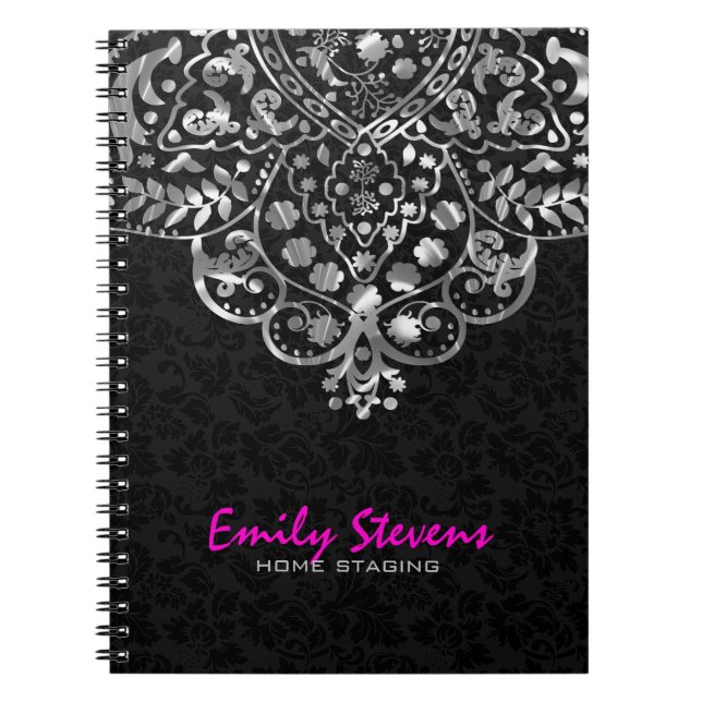 Cuaderno Elegante negro Damask Silver Metallage Lace (Frente)