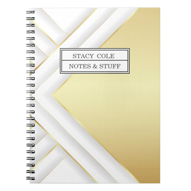Cuaderno Elegante nombre blanco y dorado personalizado (Frente)