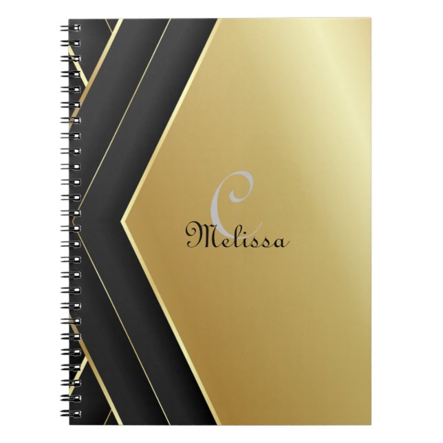 Cuaderno Elegante Nombre de Monograma Negro y Personalizado (Frente)