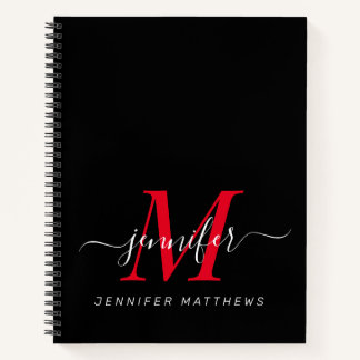 Cuaderno Elegante nombre de monograma personalizado rojo ne