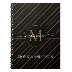 Cuaderno Elegante nombre de monograma rayado de oro y negro