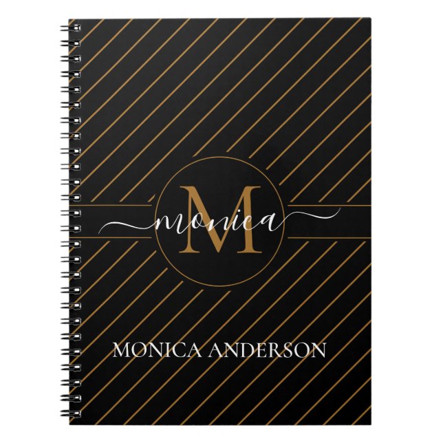Cuaderno Elegante nombre de monograma rayado de oro y negro (Frente)