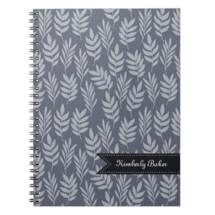 Cuaderno Elegante Nombre Patrón de hojas de gris de pizarra