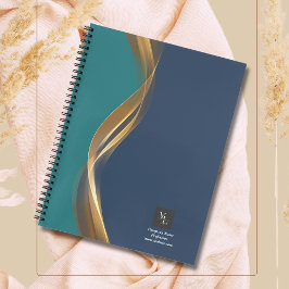 Cuaderno Elegante ola dorada azul Verde azulado con logotip