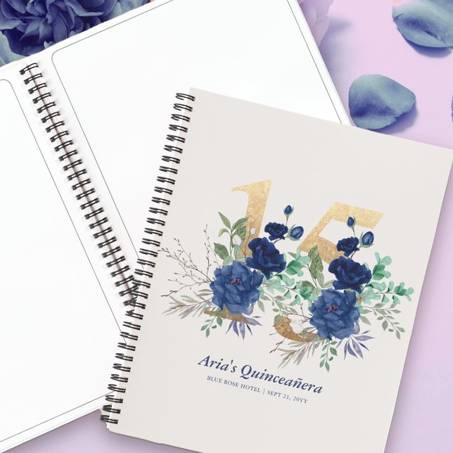 Cuaderno Elegante oro floral número 15 Blue Guestbook (Elegant Floral Mis Quince Planner or Guest Book from my Royal Rose quinceanera collection)