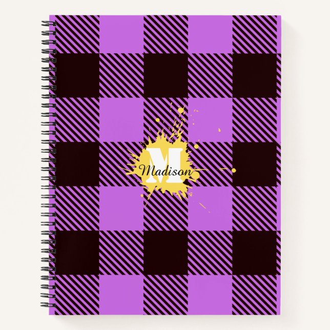 Cuaderno Elegante Orquídea Plaid Tartán Personalizado Monog (Anverso)