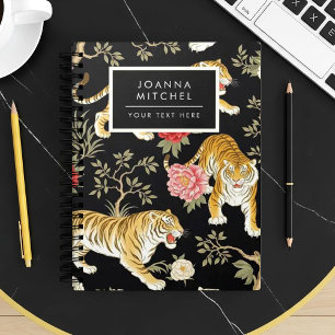 Cuaderno Elegante patrón de chinoiserie negro con tigre y p