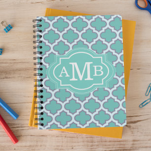 Cuaderno Elegante Patrón de Cuatro Hojas en Verde Azul Mono