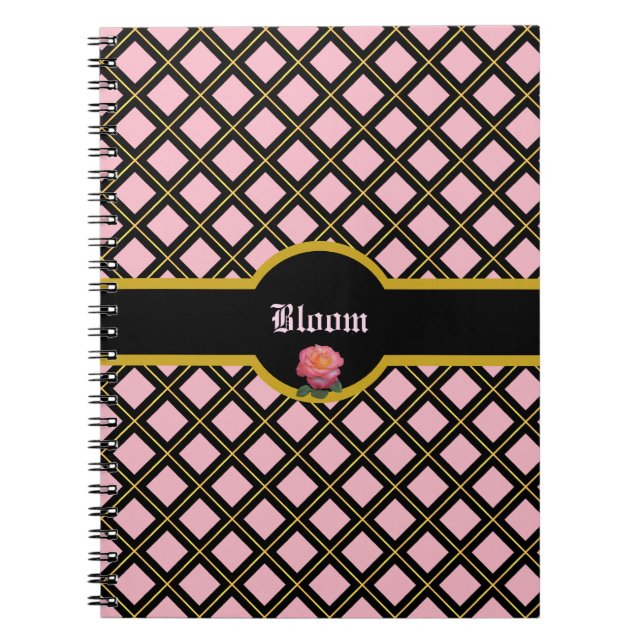 Cuaderno Elegante patrón de diamante negro y dorado (Frente)