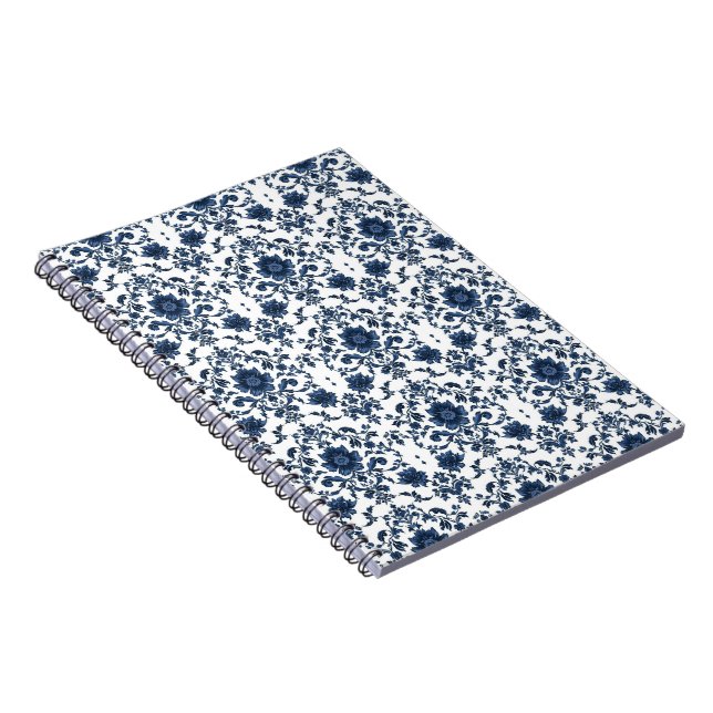 Cuaderno Elegante patrón de flores de damasco victoriano az (Lado Derecho)